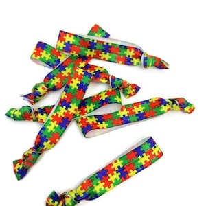 5, 10, or 25 TIES Autism Awareness Hairties /Bracelets - Puzzle Pieces- Red, Yellow, Blue, Green- Great for April awareness month, Teachers