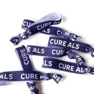 5 or 10 ties - CURE ALS Navy Blue Background ribbon- hair tie, Hairties, bracelets, arm band, elastic- fight for cure, Lou Gehrig Disease