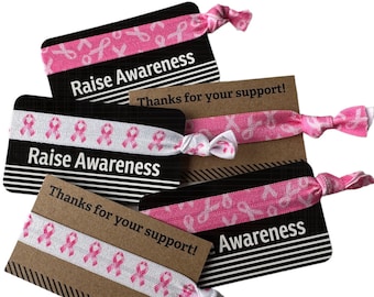 Pink Ribbon Tie - Raise Awareness Card and/or Raise Awareness w/ Elastic Band, Arm Band, Bracelet- Breast cancer, cancer, pink, ribbon