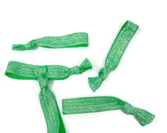 5 or 10 ties- Green Glitter Threaded - Hairties /Bracelets / Arm Bands - Great for gift, wrapping ribbon, birthday party- cinch free, crease