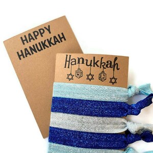Carte Happy Hanoukka avec liens scintillants - Bracelet/coiffeurs/bande élastique / coffret cadeau - 6 liens, carte à thème - Bleu et argent - Livraison gratuite