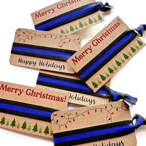Klein cadeau of kousje - Happy Holidays-kaart met stropdas/armband - Zwart met blauwe lijn, vlag politieagent, ondersteuning wetshandhaving