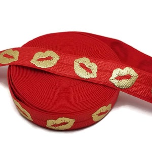 Gold Lips- Red Elastic- Fold over elastic, FOE, ribbon, stretch