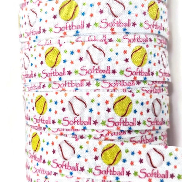 3, 5 or 10 yards - White with Softball/ Baseballs andStars -Fold Over Elastic Ribbon Stretchy- great for crafts or making hair ties! 5/8"