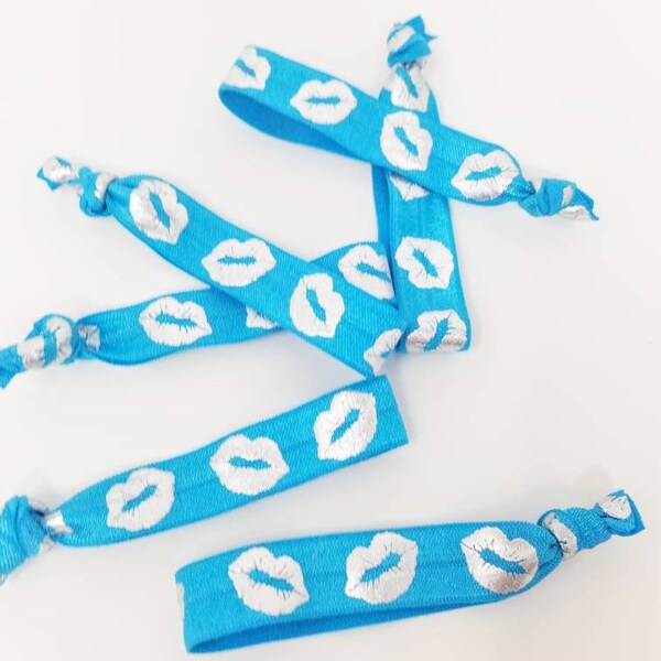 5 or 10 Ties - Teal Blue Background- Shiny Silver Foil Lip Lips Ties - Hair ties /Bracelets -Great for favors,  gifts, birthday. Mermaid