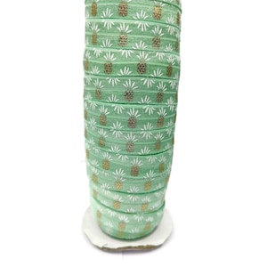 3 + Meter Mint Ananas elastisch, FOE, Schleifenband, Stretch tropisch, Hawaii, Urlaub, Sommer, mint grün mit Goldfolie Ananas,