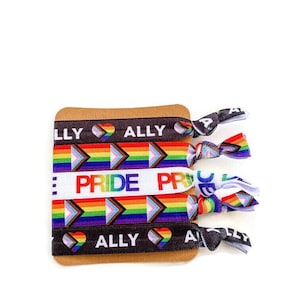 May include: A set of five rainbow-colored hair ties with the words "ALLY" and "PRIDE" printed on them. The hair ties are on a brown card.