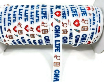 May include: White elastic ribbon with a repeating pattern of blue text that says "CNA LIFE" and red medical symbols including a heart, stethoscope, syringe, and clipboard.