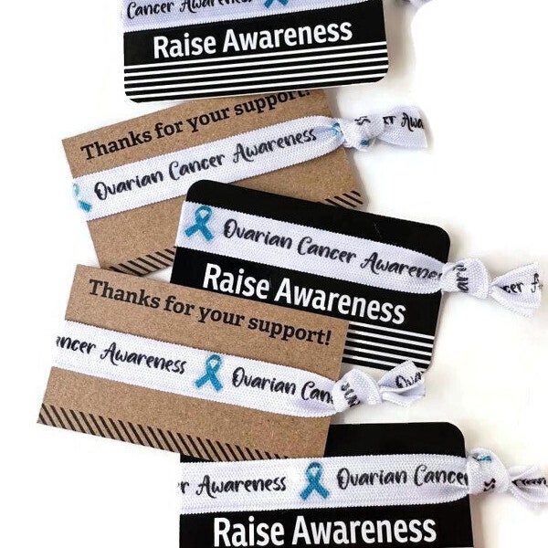 Ovarian Cancer Raise Awareness Arm Band, Bracelet, Hair Ties- Great for gifts or fundraising TIE and CARD included - pick card