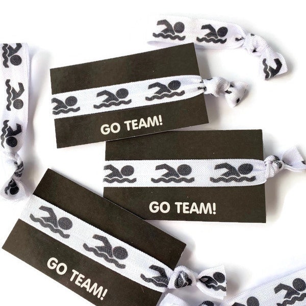 Gift Set - Swim Themed tie on GO TEAM card- Bracelets or Hair ties, hairties- swimming themed - great team, teammate, gift bag, coach gift