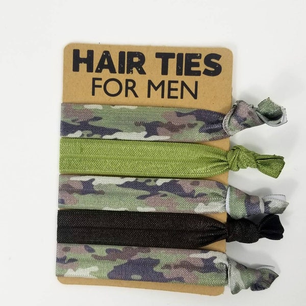 Hair Ties for Men - Camo Themed Wrist Band/ Hairties Gift Set- 5 ties, themed card. Great for stocking stuffer, Easter basket, birthday gift