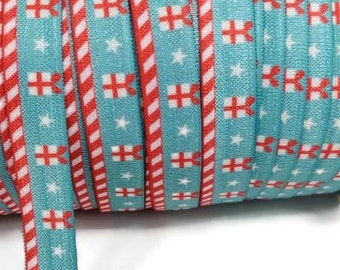 3, 5, or 10 Christmas Present Gift by the Yard - Fold Over Elastic - Stretchy- great for crafts or making hair ties! 5/8" candy cane stripe