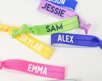 Custom Hair Ties- Single Ties- 5/8" elastic - Customize tie- color and name- pick card style - personalized favors! Great for team gifts!