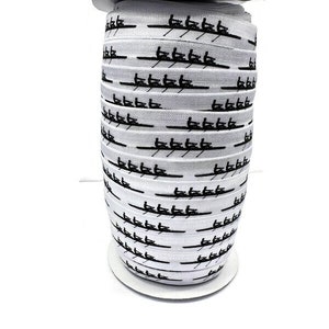 By the yard - Rowing Fold Over Elastic - Stretchy- great for crafts or making hair ties! White with black - boat, people, crew, lake, paddle