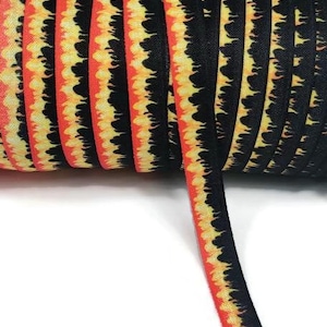 3, 5, or 10 Yards- Fire / Flames Fold Over Elastic - Stretchy- great for crafts or making hair ties! Black and orange