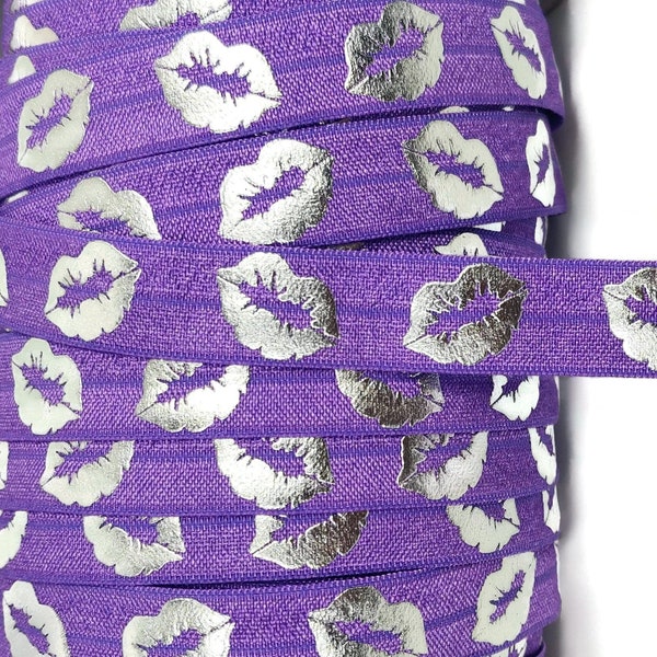 3, 5, or 10 yards Purple Elastic with Silver Lips- Fold over elastic, FOE, ribbon, stretch- shiny foil lips - wedding, lipstick, younique