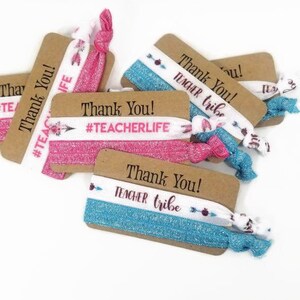 Teacher Thank You Card w/2 ties - Hairties /Bracelets - Pieces- Great for teacher, aide gifts- #Teacherlife and Teacher Tribe - Pink/ Teal