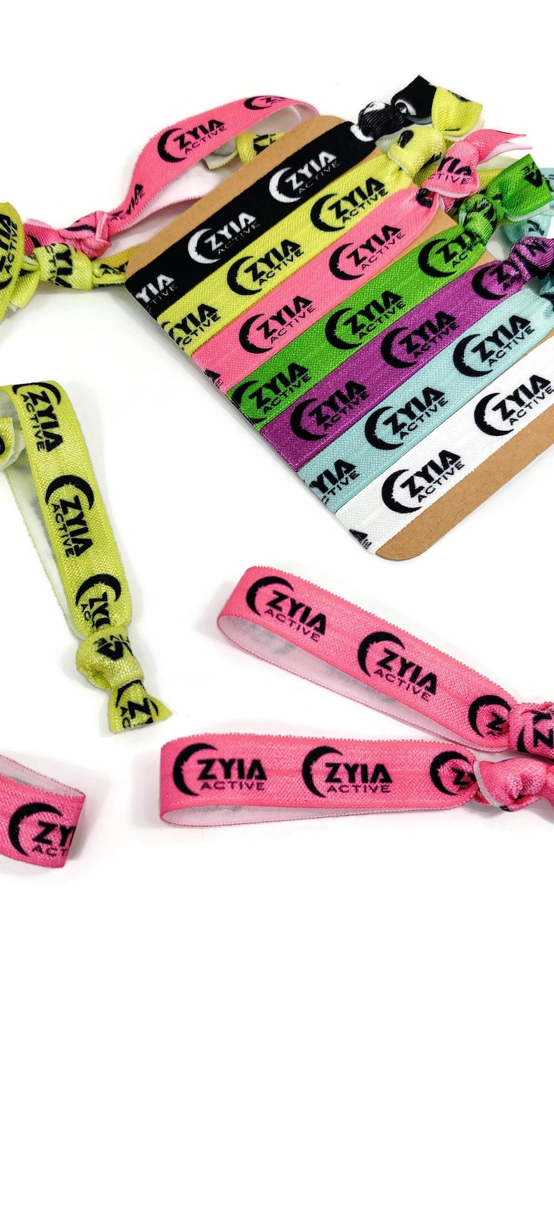 5, 10, 25, 50 ties ZYIA ACTIVE 4 colors available Black, White, Purple, Lime Green Hair ties, bracelets, elastic bands. Gift, favor image 2