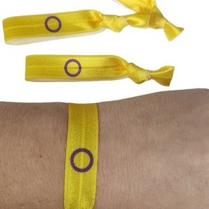 5 or 10 Striped Bracelets Hair Ties - yellow with purple circle -  intersex, gender neutrality, diversity, pride flag