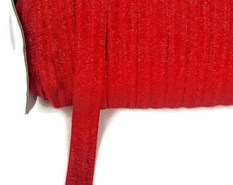 5, 10, or 20 Yards Glitter Threaded Red Fold Over Elastic - Light Pastel Background Stretchy- great for crafts or making hair ties