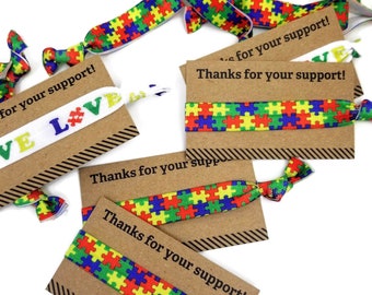 Autism Awareness Thanks for your support -Card w/ Elastic Band, Arm Band, Bracelet, Hair Ties- Puzzle Pieces- Great for gifts or fundraising