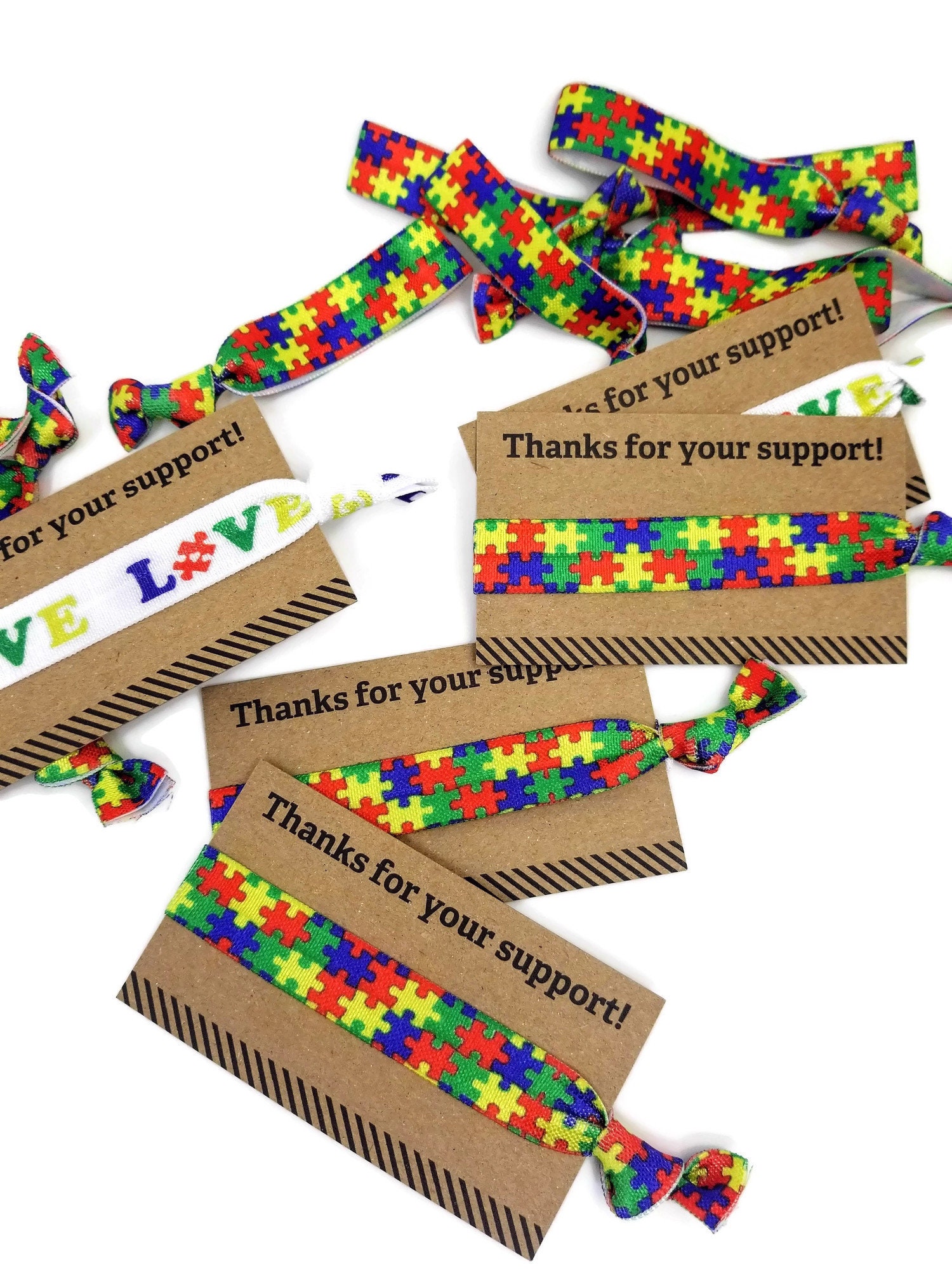 Autism Awareness Thanks for your support -Card w/ Elastic Band, Arm Band, Bracelet, Hair Ties- Puzzle Pieces- Great for gifts or fundraising