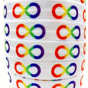3+ Yards Rainbow Infinity Symbol Fold Over Elastic - Stretchy- great for crafts or making hair ties! Neuro Diversity, forever love, affinity
