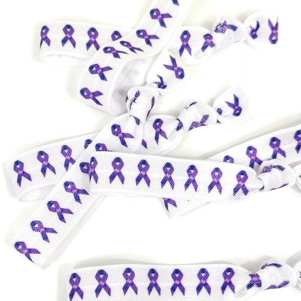 5 or 10 ties Cancer Awareness White with Purple Fold Over Elastic Stretchy bracelet hair ties elastic bands 5/8" Crohns Alzheimer Testicular
