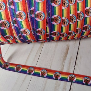 3+ yards Progress Fist Flag -Stretchy- 5/8&quot;  ribbon FOE elastic- hair ties, head bands, trans, inclusive, triangle, poc, black lives matter
