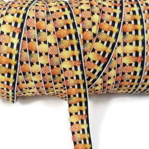3+ yards Pineapple - Fold over elastic, FOE, ribbon, stretch- tropical, Hawaiian, vacation, summer- black with gold foil pineapples