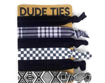 Hair Ties for Men -Black Themed Wrist Band/ Hairties Gift Set- 5 ties, themed card. Dude Ties stocking stuffer, Easter basket, birthday gift