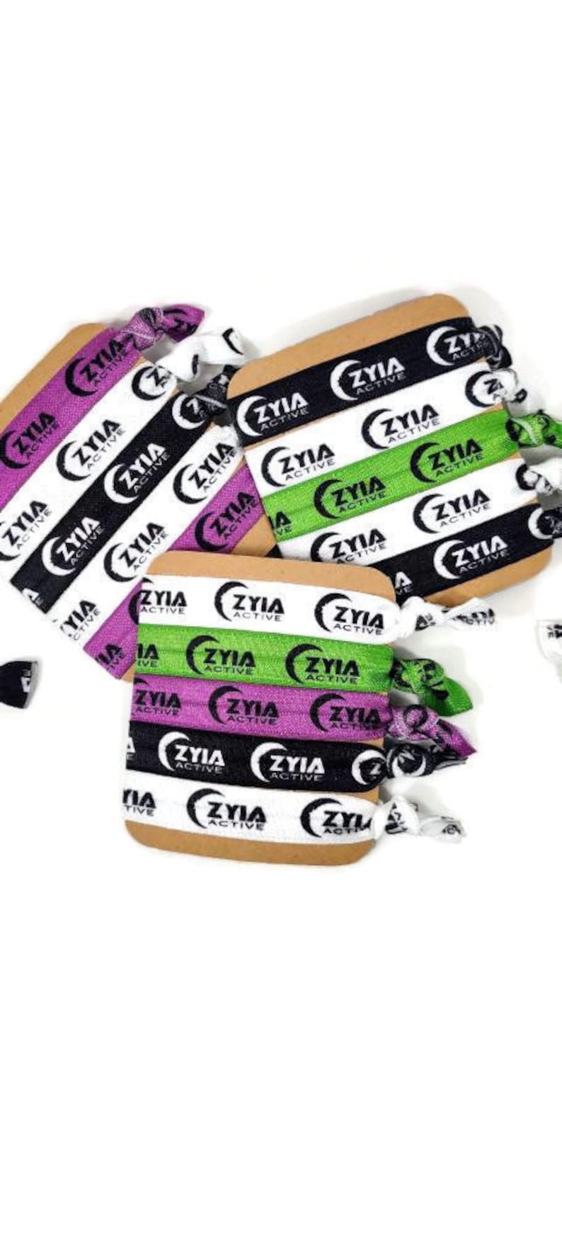 5, 10, 25, 50 ties ZYIA ACTIVE 4 colors available Black, White, Purple, Lime Green Hair ties, bracelets, elastic bands. Gift, favor image 8