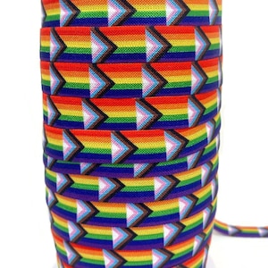 3+ yards Progress Pride Flag -Stretchy- 5/8&quot;  ribbon FOE elastic- hair ties, head bands, trans, inclusive, progression, triangle, arrow,