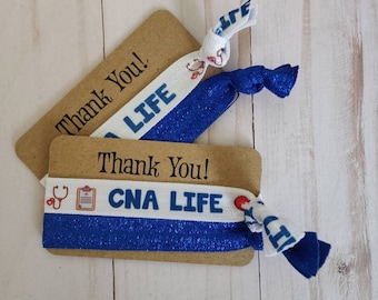 CNA Thank You Card w/2 ties - Hairties /Bracelets/ Wrist Bands- Great for graduate, nurse friend, coworker, secret santa, appreciation