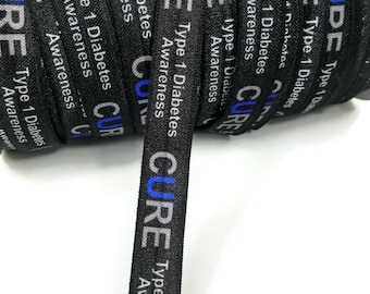 3+ Yards T1D Awareness - Fold Over Elastic - Stretchy- great for crafts or making hair ties! 5/8&quot; Type 1 Diabetes  headbands, bracelets CURE