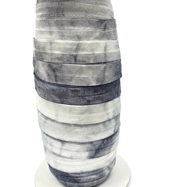 3, 5, or 10 Yards- Tie Dye- Black and White- Fold Over Elastic - Stretchy- great for crafts or making hair ties! 5/8", Grey/Gray, Smoke,