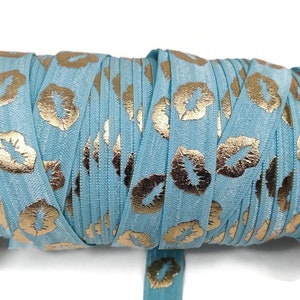 3, 5, or 10 yards - Light Blue with Gold Lips- Red Elastic- Fold over elastic, FOE, ribbon, stretch- baby blue, shower, wedding, pale