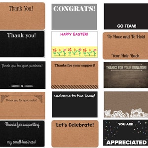 May include: A collection of 20 different gift tags with various messages and designs. The tags are made of brown paper and feature a variety of colors, including black, white, red, green, and orange. Some of the messages include "Thank You!" "Congrats!" "Happy Easter!" "Go Team!" "Happy Holidays!" "Happy Valentine's Day!" "Happy Halloween!" "Let's Celebrate!" and "You Are Appreciated!"