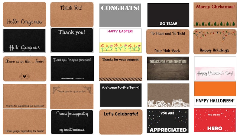 May include: A collection of 20 different gift tags with various messages and designs. The tags are made of brown paper and feature a variety of colors, including black, white, red, green, and orange. Some of the messages include "Thank You!" "Congrats!" "Happy Easter!" "Go Team!" "Happy Holidays!" "Happy Valentine's Day!" "Happy Halloween!" "Let's Celebrate!" and "You Are Appreciated!"