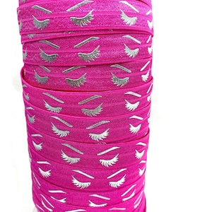 3+ yards Silver Eyelashes - Hot Pink Background- Fold over elastic, FOE, ribbon, stretch, 5/8&quot;- lash, lashes, beauty, salon, bar, eyelash