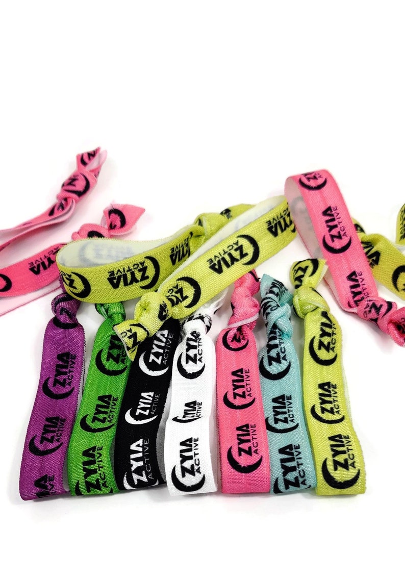 5, 10, 25, 50 ties ZYIA ACTIVE 4 colors available Black, White, Purple, Lime Green Hair ties, bracelets, elastic bands. Gift, favor image 1