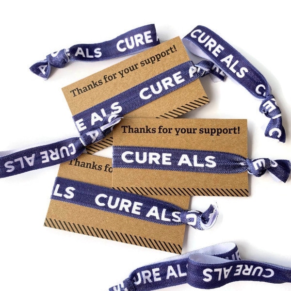 Cure ALS Ties -Thanks for your support card w/ Elastic Band, Arm Band, Bracelet, Hair Ties- raise awareness, gifts, Ribbon, Cure, ALS, Navy