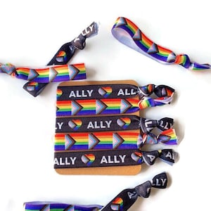 5 piece set - Ally Pride with Progress Flag Hairties /Bracelets - Can send as gift- show support, parade handouts, favors, birthday present