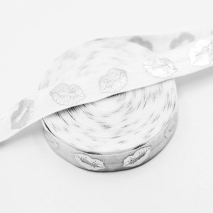 BY THE YARD - Silver Lips- White Elastic- Fold over elastic, foe, ribbon, stretchy- lip, kiss, kisses- Great for decor, hair ties, party