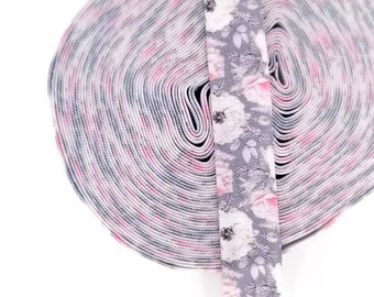 3, 5, or 10 yards - GORGEOUS flower print  - great for Hair Ties / Bracelets - pink, grey, floral print- put on business cards, weddings