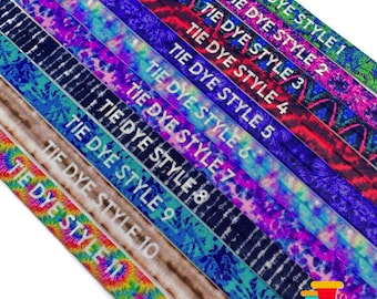 Tie Dye Wrist Bands - Bracelets- Hair Ties- 5/8" WHITE TEXT elastic stretchy Customize tie- color and name- festival, party, shower, concert