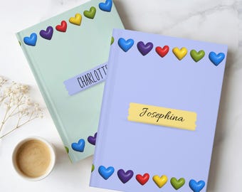 Diario de tapa dura con forma de corazón colorido - Diario personalizado con nombre, bonito cuaderno para escribir, diario, regalo para niños, regreso a clases