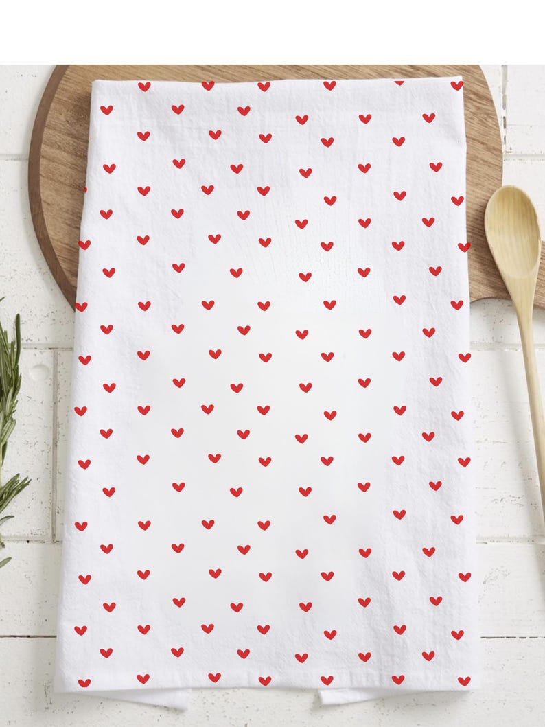 Tiny Heart Tea Towel Kitchen Valentine Decor Flour Sack Little Heart Dish Towel Lovers Fun Minimalist Red White Hearts