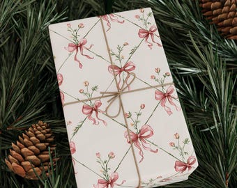 Bow Floral Wrapping Paper | Princess Pink Holiday Elegant Gift Wrap and Christmas Paper
