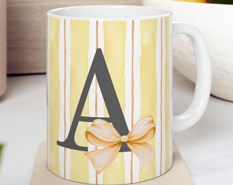 Bow Coffee Mug: Yellow Custom Striped Ceramic Cup Personalized Drinkware